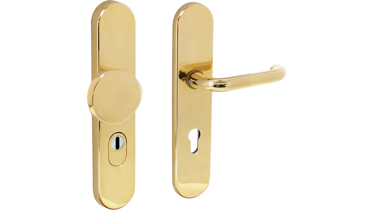 SKG3 veiligheidsbeslag ovaal verdekt 252x54mm greep/kruk Rond profielcilindergat 72mm met kerntrekbeveiliging messing ongelakt