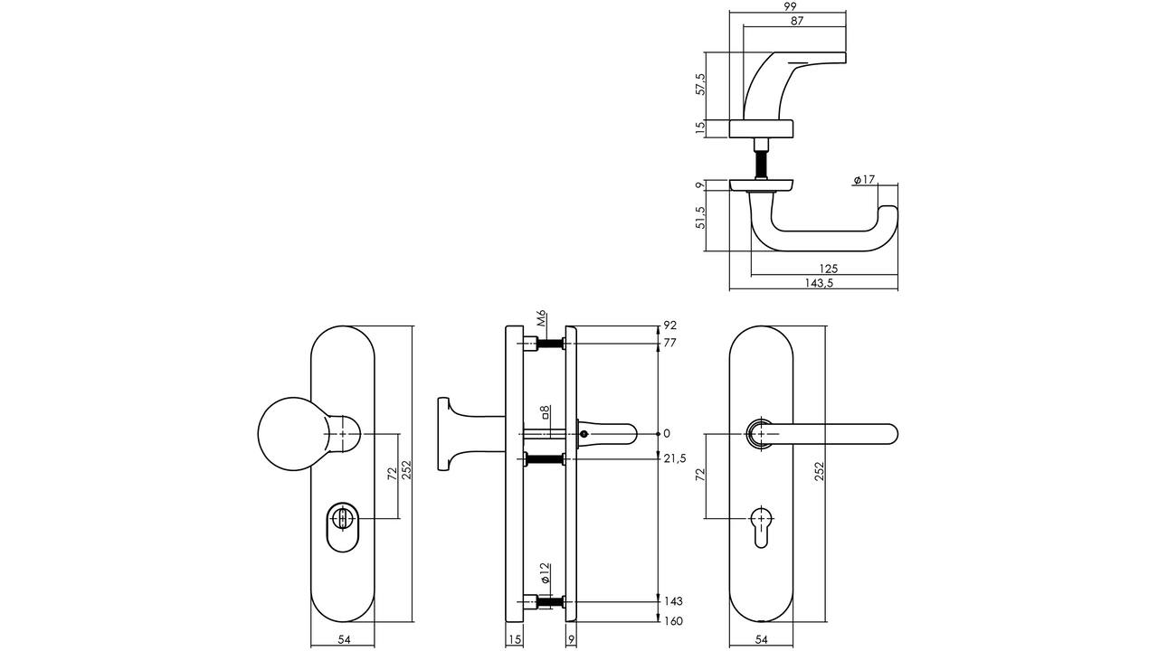 SKG3 veiligheidsbeslag ovaal verdekt 252x54mm greep/kruk Rond profielcilindergat 72mm met kerntrekbeveiliging messing ongelakt