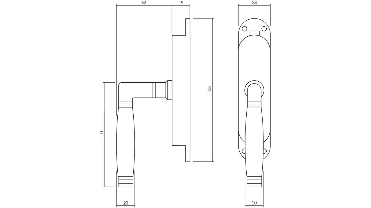 Set kruk-espagnolet links Ton 222 inclusief stangenset 2x 1250mm messing ongelakt /ebbenhout