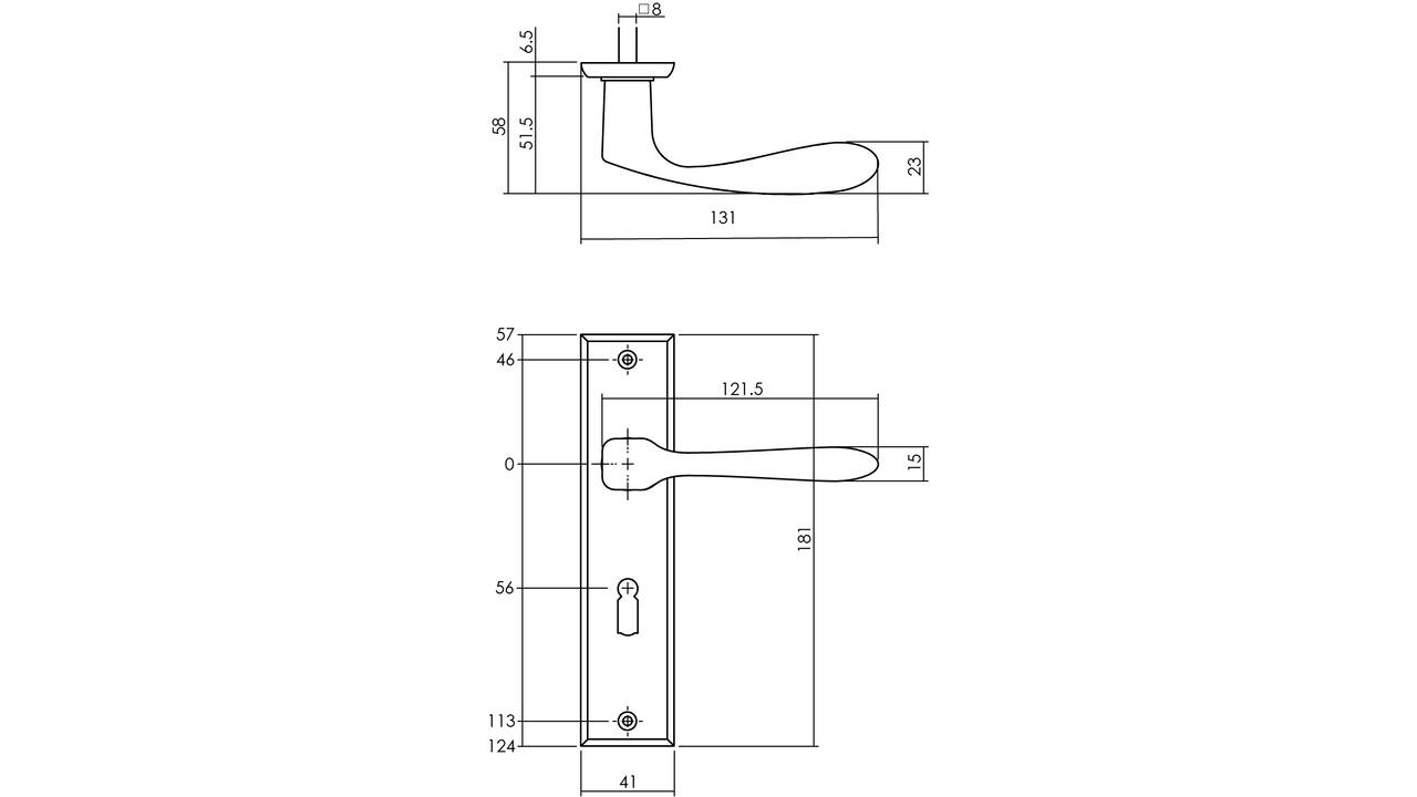 Deurkruk Banaan met schild rechthoekig 181x41mm sleutelgat 56mm messing getrommeld
