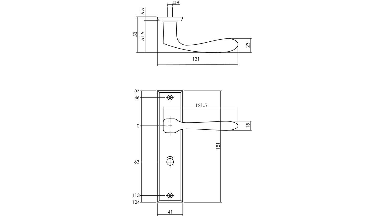 Deurkruk Banaan met schild rechthoekig 181x41mm wc 63/8mm messing getrommeld