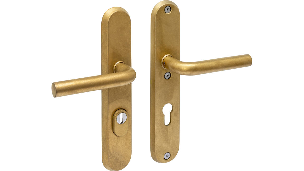 SKG3 veiligheidsbeslag ovaal 250x50mm kruk/kruk Luzern met veerconstructie profielcilindergat 72mm met kerntrekbeveiliging PVD messing getrommeld