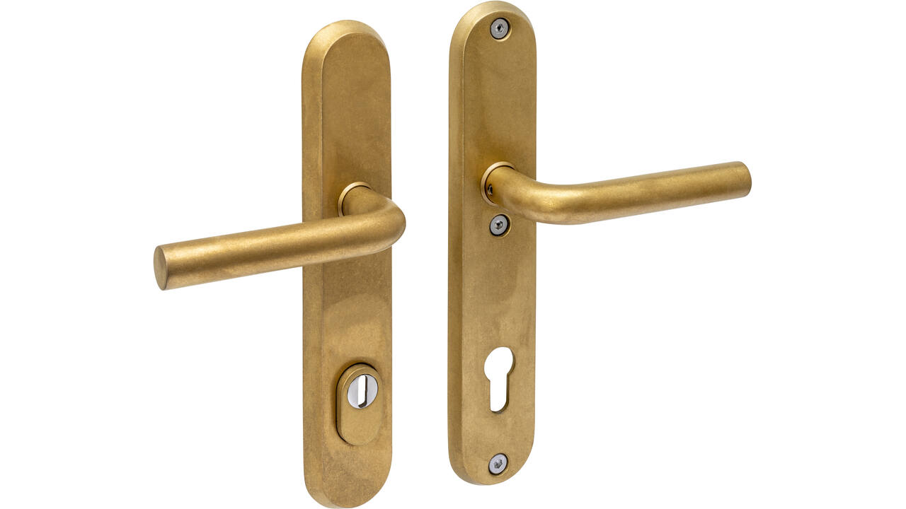 SKG3 veiligheidsbeslag ovaal 250x50mm kruk/kruk Luzern met veerconstructie profielcilindergat 92mm met kerntrekbeveiliging PVD messing getrommeld