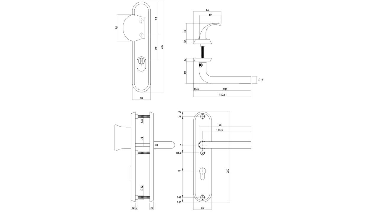 SKG3 veiligheidsbeslag ovaal 250x50mm greep/kruk Luzern met veerconstructie profielcilindergat 72mm met kerntrekbeveiliging PVD messing getrommeld