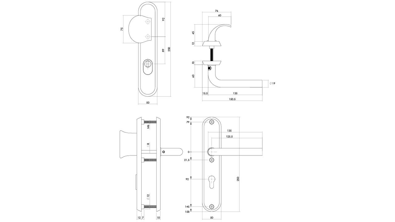 SKG3 veiligheidsbeslag ovaal 250x50mm greep/kruk Luzern met veerconstructie profielcilindergat 92mm met kerntrekbeveiliging PVD messing getrommeld
