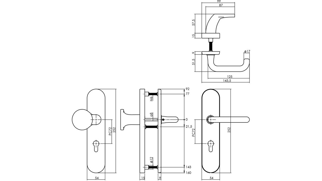 SKG3 veiligheidsbeslag ovaal verdekt 252x54mm greep/kruk Rond profielcilindergat 72mm messing getrommeld