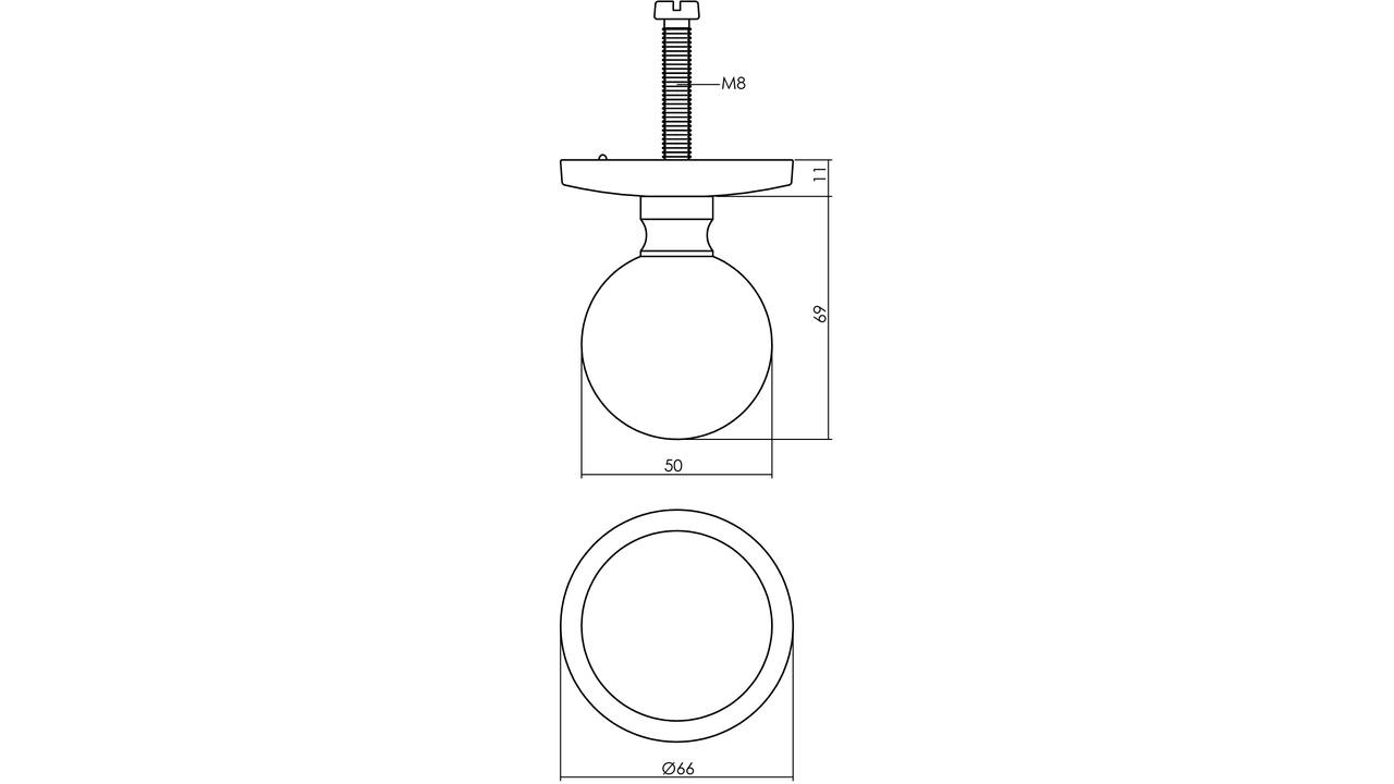 Voordeurknop bolrond ø50mm op achterplaat ø66mm messing getrommeld