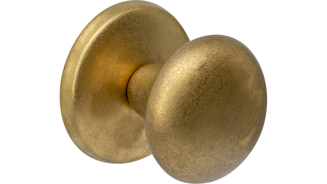 Voordeurknop paddenstoel ø58mm op achterplaat ø66mm éénzijdige montage PVD messing getrommeld