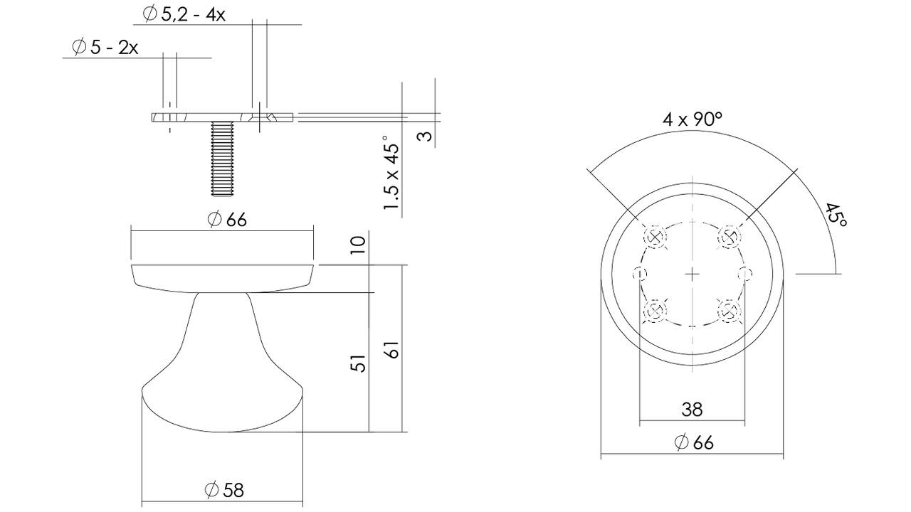 Voordeurknop paddenstoel ø58mm op achterplaat ø66mm éénzijdige montage PVD messing getrommeld