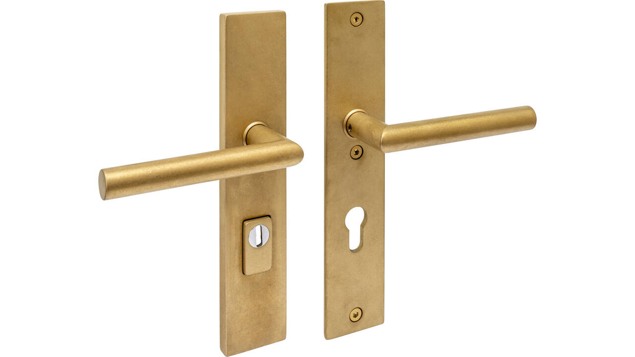 SKG3 veiligheidsbeslag rechthoekig 250x50mm kruk/kruk Jura met veerconstructie profielcilindergat 72mm met kerntrekbeveiliging PVD messing getrommeld