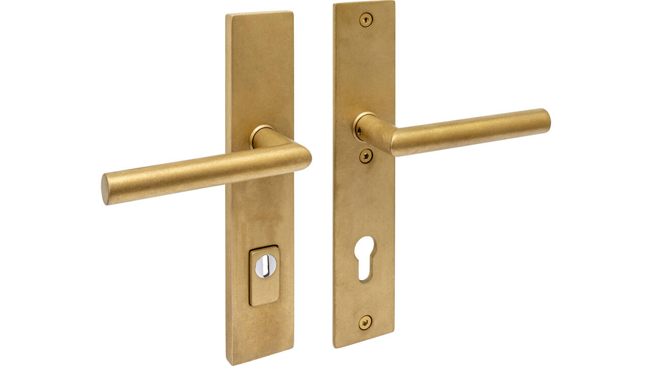 SKG3 veiligheidsbeslag rechthoekig 250x50mm kruk/kruk Jura met veerconstructie profielcilindergat 92mm met kerntrekbeveiliging PVD messing getrommeld