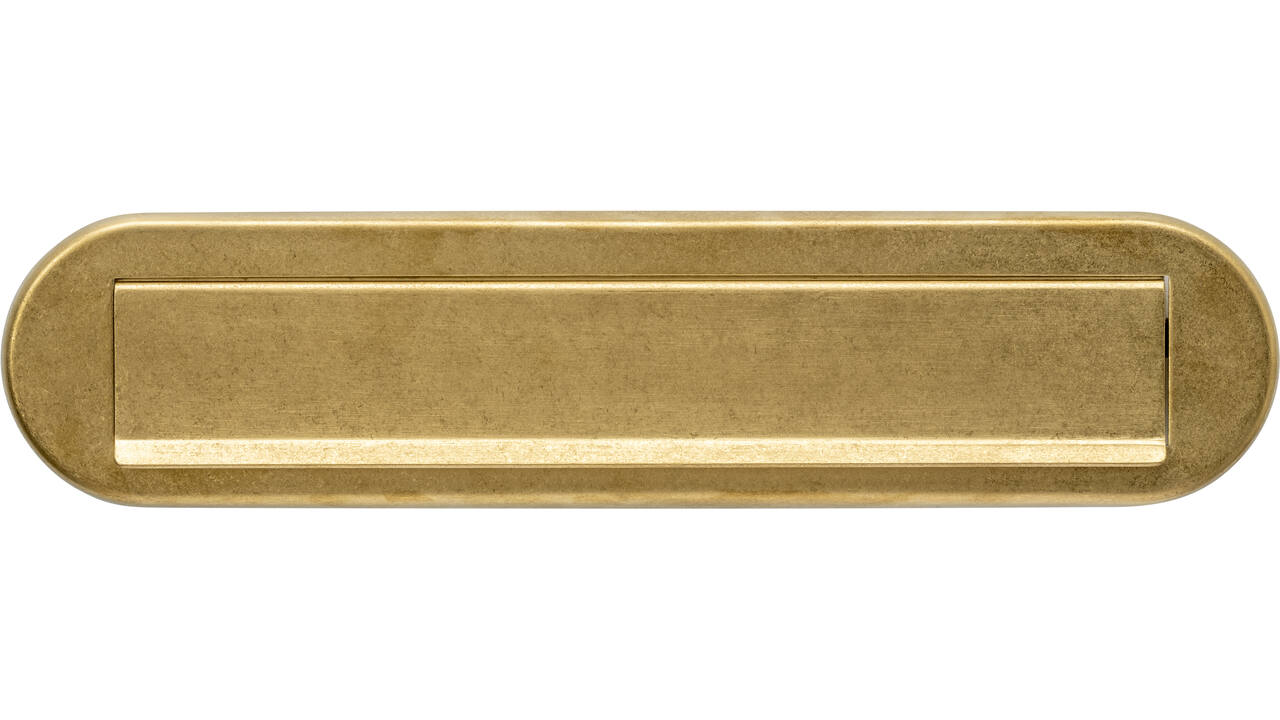 Briefplaat ovaal 340x80mm met klep/regenrand PVD messing getrommeld
