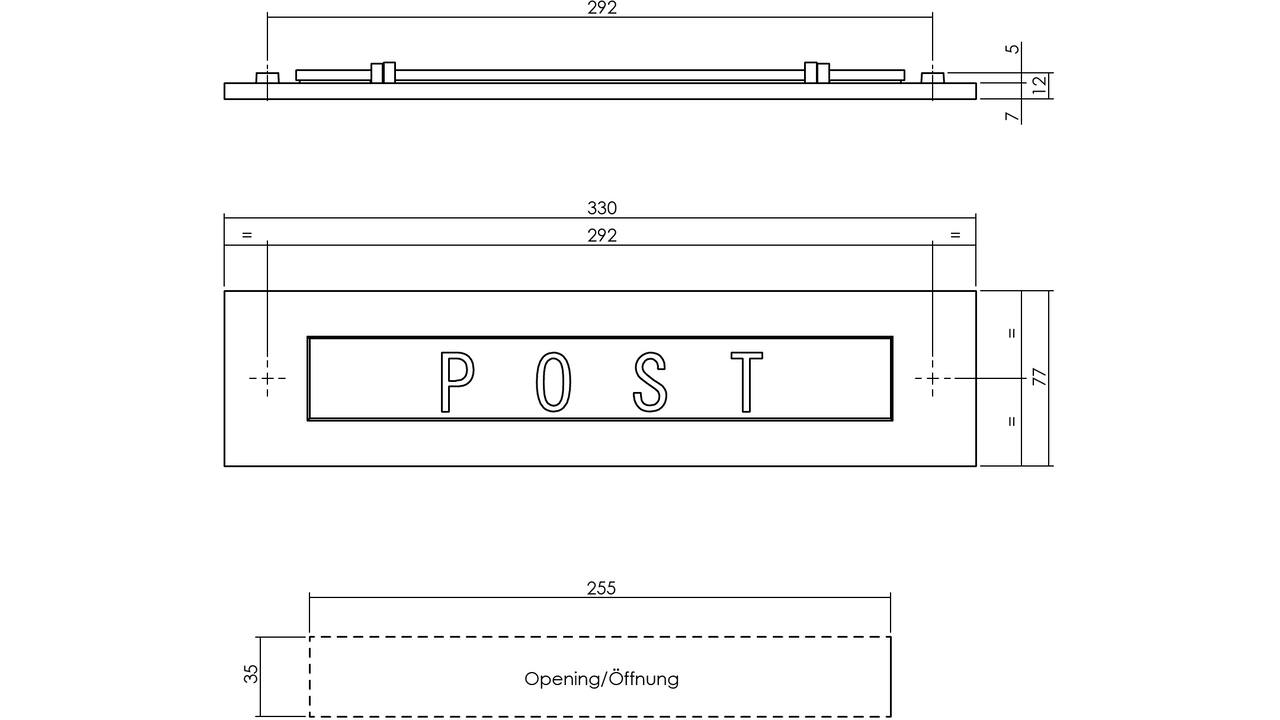 Briefplaat rechthoekig 330x77mm met verende klep binnendraaiend met tekst "POST" messing getrommeld