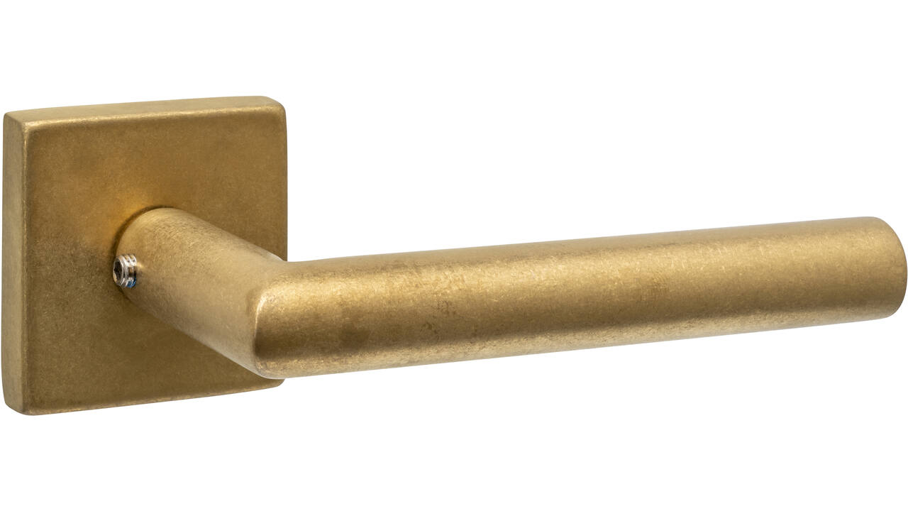 Deurkruk Jura met rozet massief verdekt 53x53x10mm met nokken PVD messing getrommeld