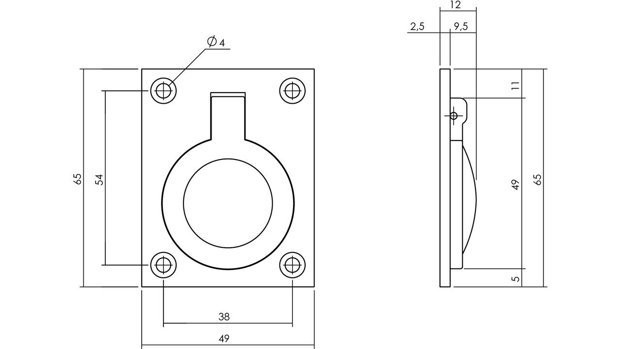 Luikring recht 65x49mm messing getrommeld