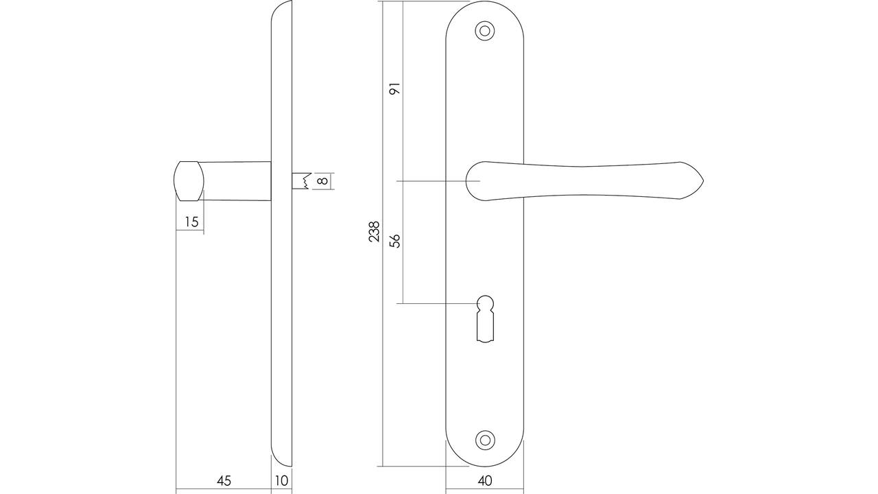 Deurkruk Saturnus op schild ovaal 236x37mm sleutelgat 56mm messing gelakt