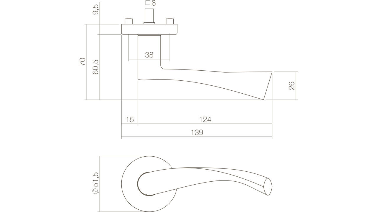 Deurkruk Vlinder met rozet verdekt ø52x10mm messing gelakt