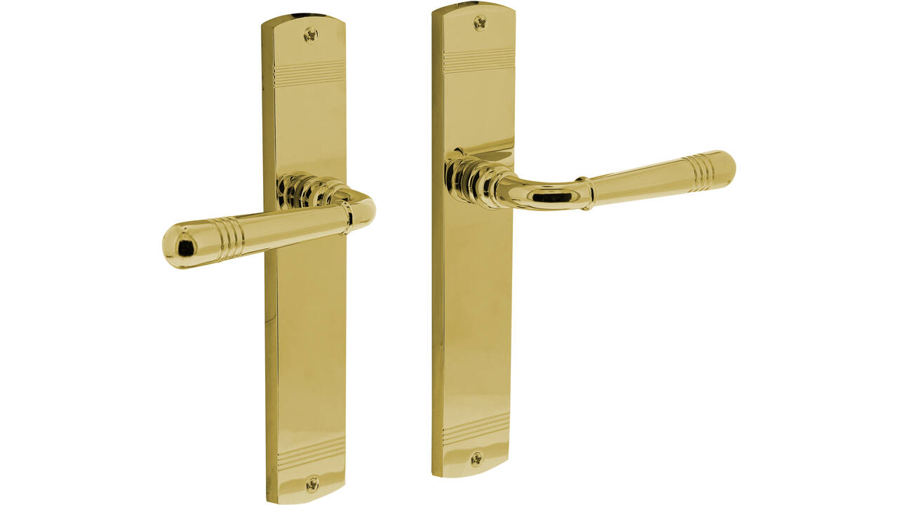 Deurkruk Helena op schild afgerond 235x45mm blind PVD messingkleur