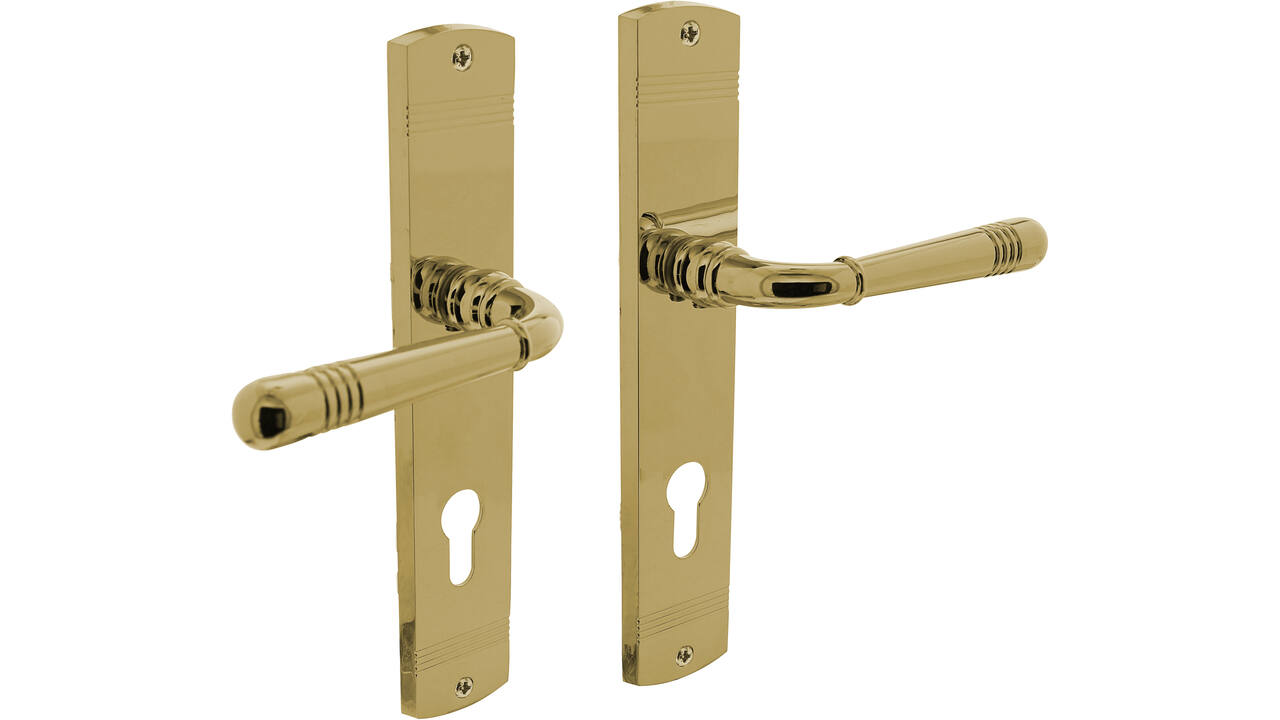 Deurkruk Helena op schild afgerond 235x45mm profielcilindergat 72mm PVD messingkleur