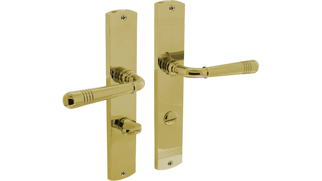 Deurkruk Helena op schild afgerond 235x45mm wc 63/8mm PVD messingkleur