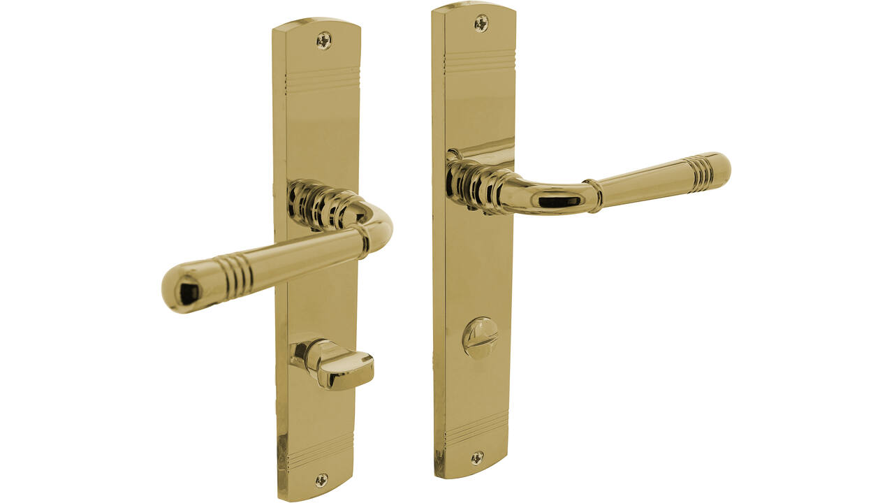 Deurkruk Helena op schild afgerond 235x45mm wc 78/8mm PVD messingkleur