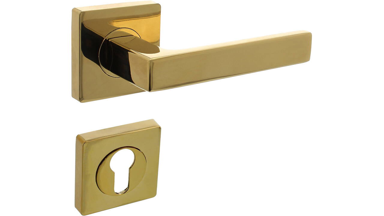 Deurkruk Hera op rozet verdekt 55x55x10mm met nokken en cilinderrozetten PVD messingkleur