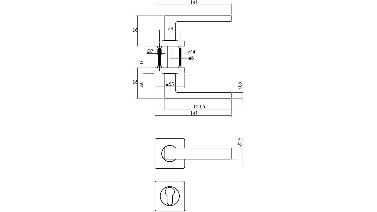 Deurkruk Hera op rozet verdekt 55x55x10mm met nokken en cilinderrozetten PVD messingkleur