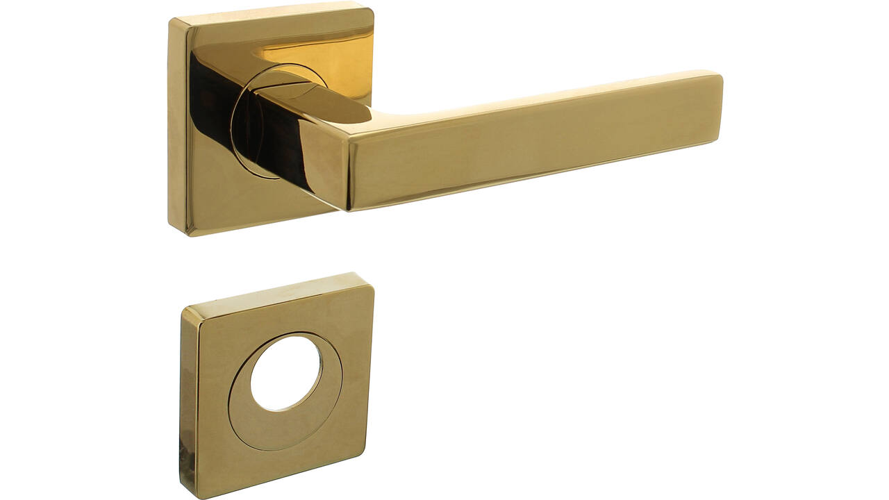 Deurkruk Hera op rozet verdekt 55x55x10mm met nokken en rondcilinderrozetten PVD messingkleur