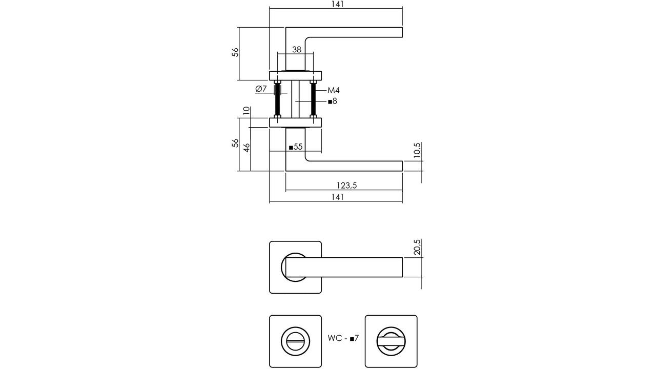 Deurkruk Hera op rozet verdekt 55x55x10mm met nokken en WC-sluiting met stift 7x7mm PVD messingkleur