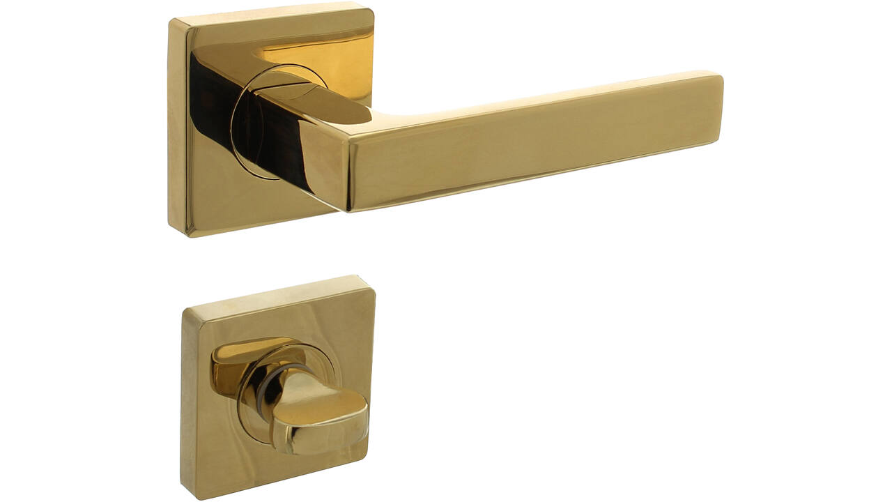 Deurkruk Hera op rozet verdekt 55x55x10mm met nokken en WC-sluiting met stift 8x8mm PVD messingkleur