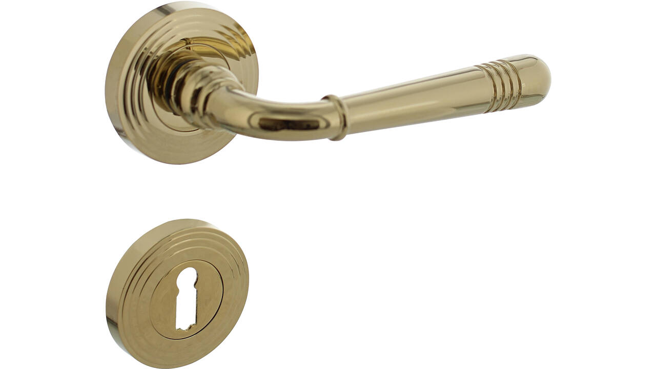 Deurkruk Helena op rozet verdekt met rillen ø55x10mm met nokken en sleutelrozetten PVD messingkleur