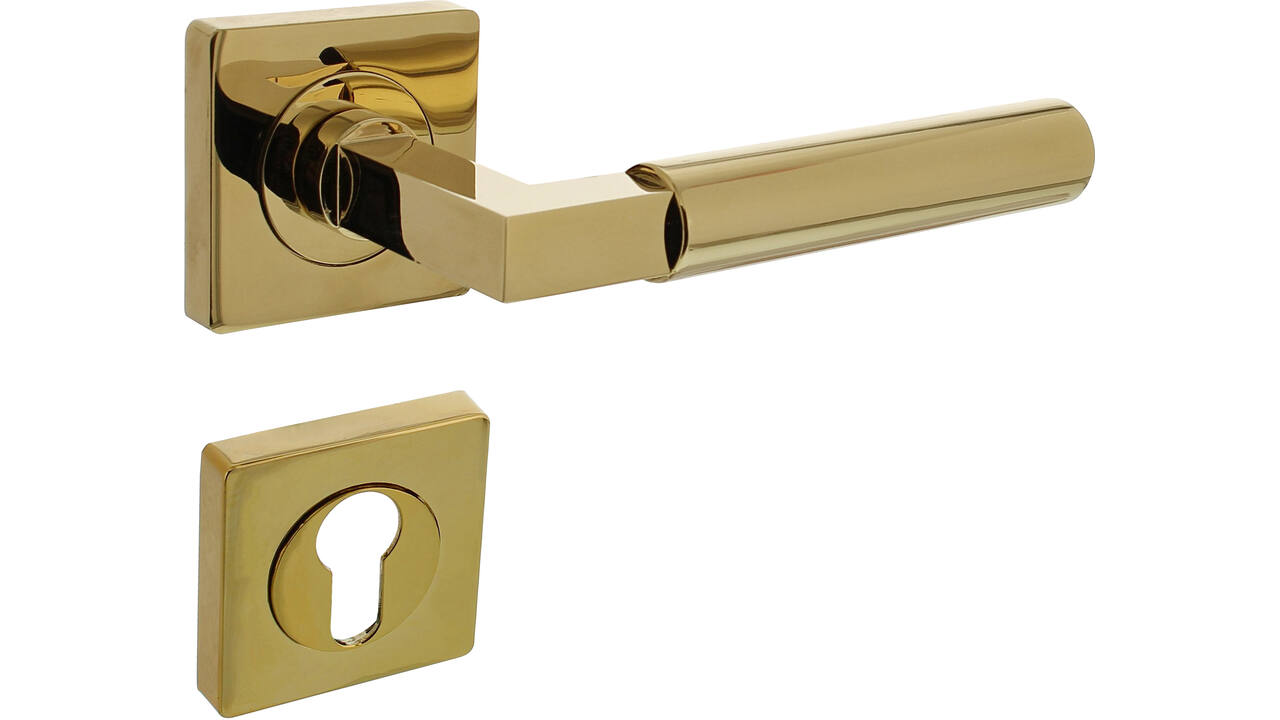 Deurkruk Baustil op rozet verdekt 55x55x10mm met nokken en cilinderrozetten PVD messingkleur