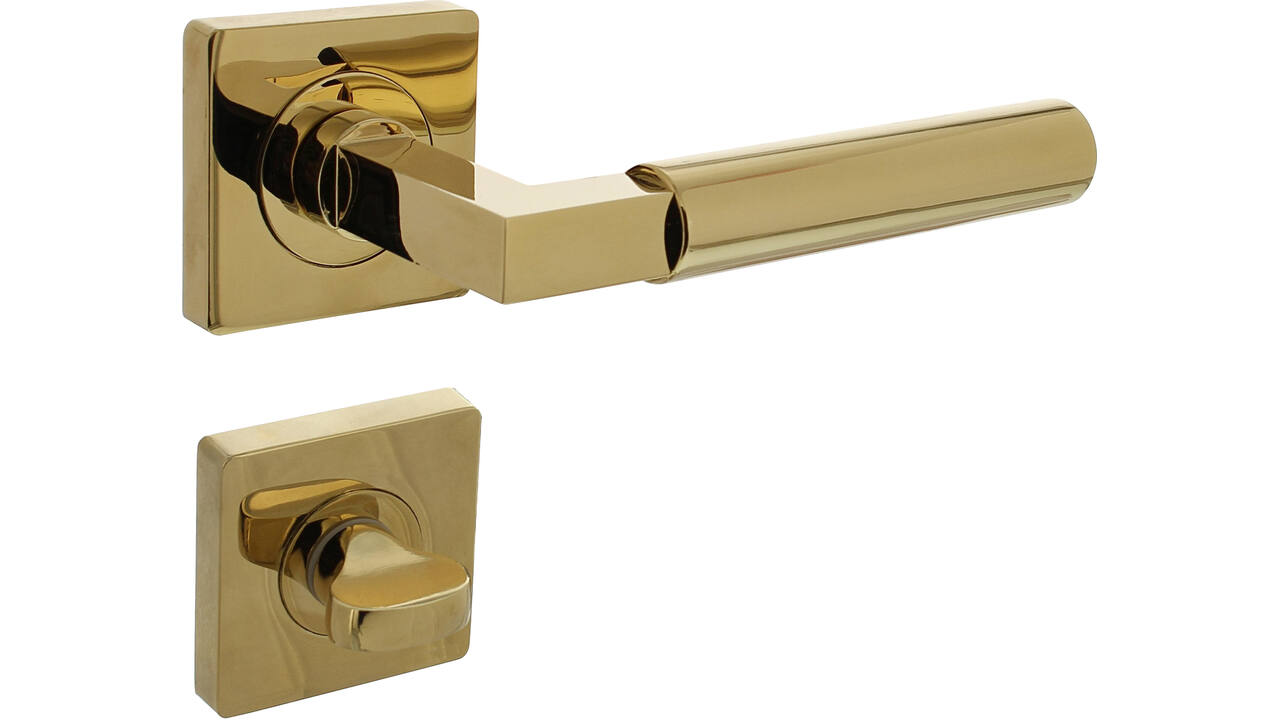 Deurkruk Baustil op rozet verdekt 55x55x10mm met nokken en WC-sluiting met stift 7x7mm PVD messingkleur