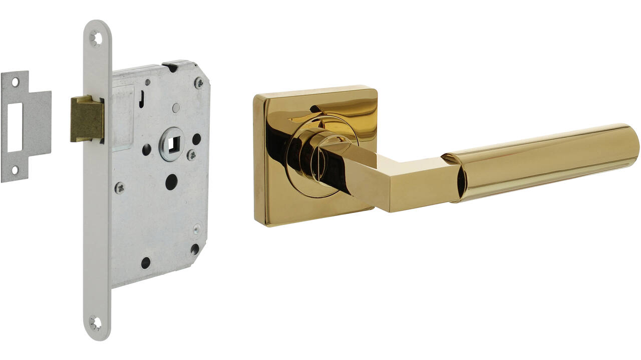 Set loopslot wit met deurkruk Baustil op rozet 55x55mm PVD messingkleur