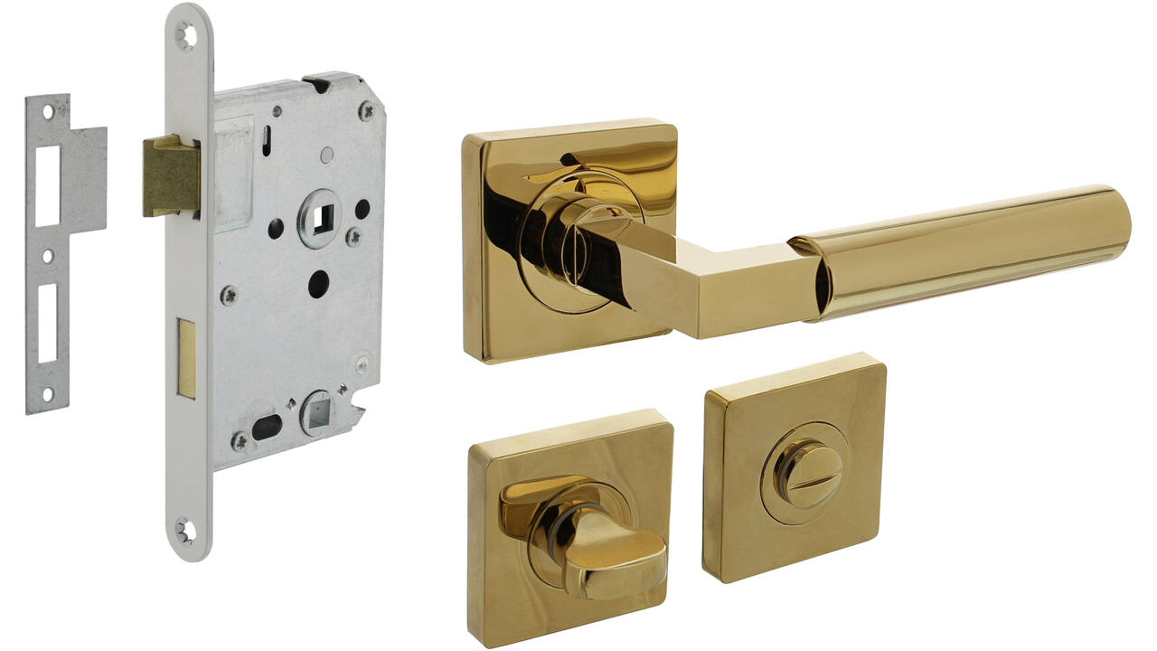 Set toiletslot 63/8mm wit met deurkruk Baustil op rozet 55x55mm en WC-sluiting PVD messingkleur