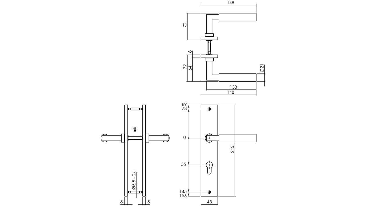 Deurkruk Baustil op schild rechthoekig 245x45mm profielcilindergat 55mm PVD messingkleur