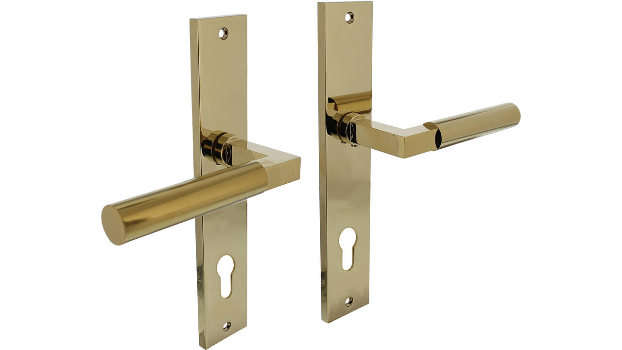 Deurkruk Baustil op schild rechthoekig 245x45mm profielcilindergat 78mm PVD messingkleur