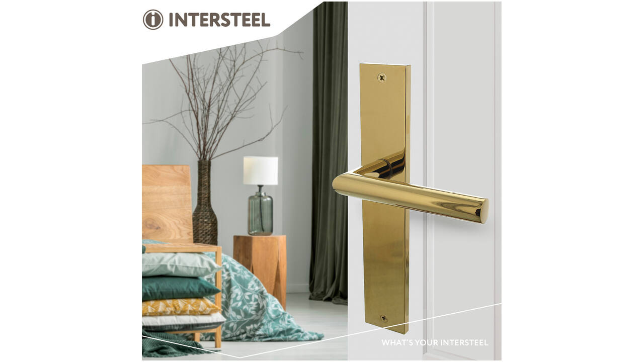 Deurkruk Bastian op schild rechthoekig 245x45mm blind PVD messingkleur