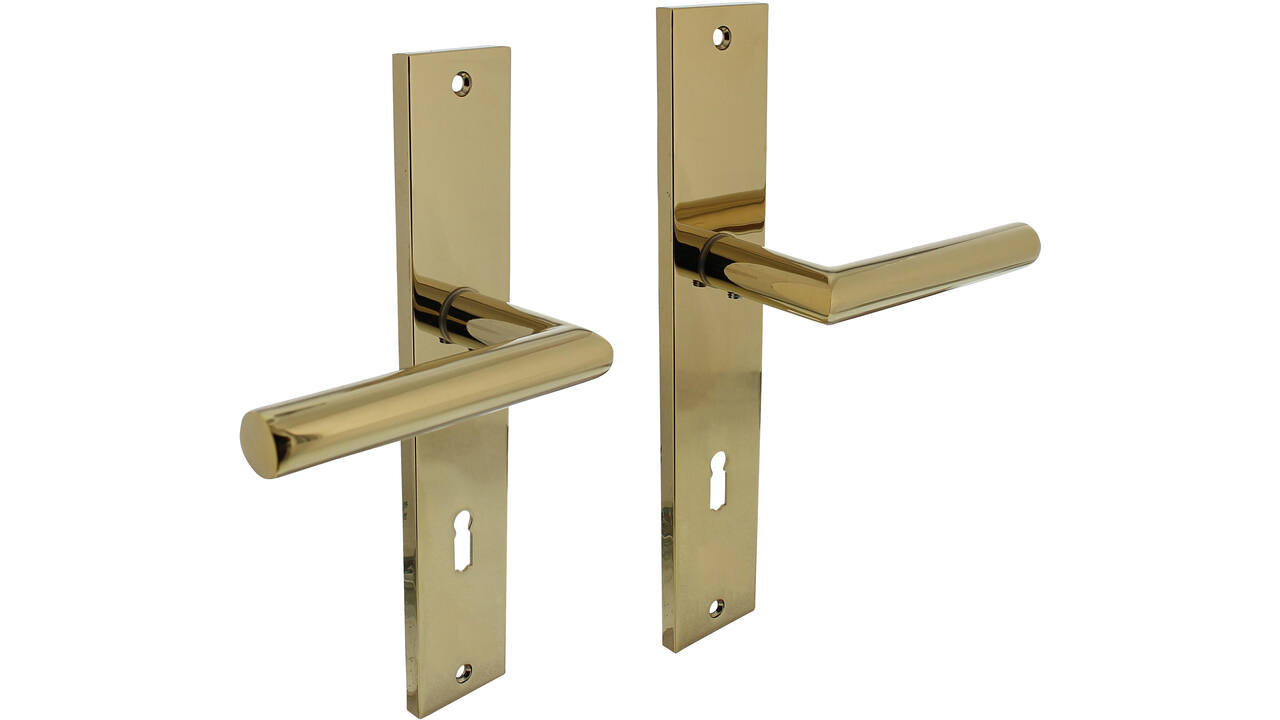 Deurkruk Bastian op schild rechthoekig 245x45mm sleutelgat 78mm PVD messingkleur