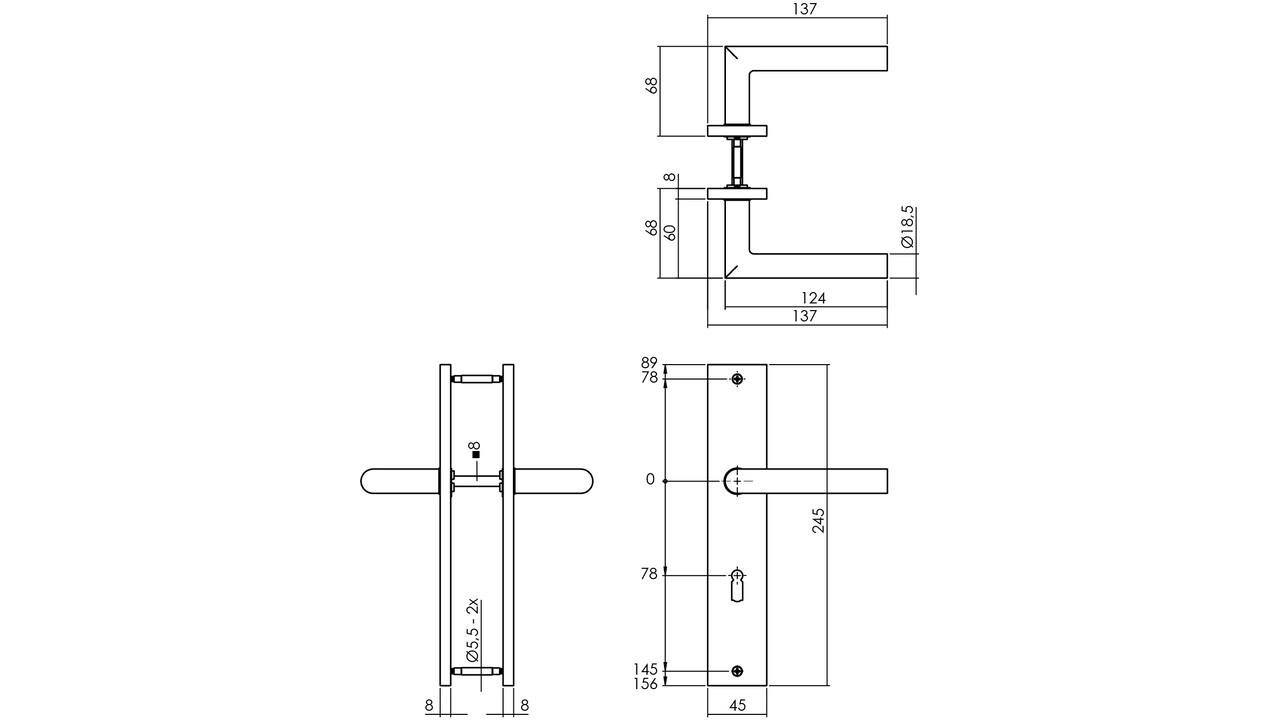 Deurkruk Bastian op schild rechthoekig 245x45mm sleutelgat 78mm PVD messingkleur