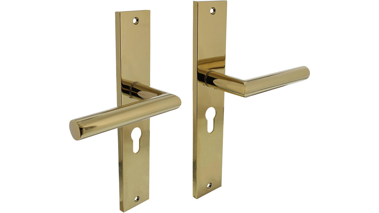 Deurkruk Bastian op schild rechthoekig 245x45mm profielcilindergat 55mm PVD messingkleur