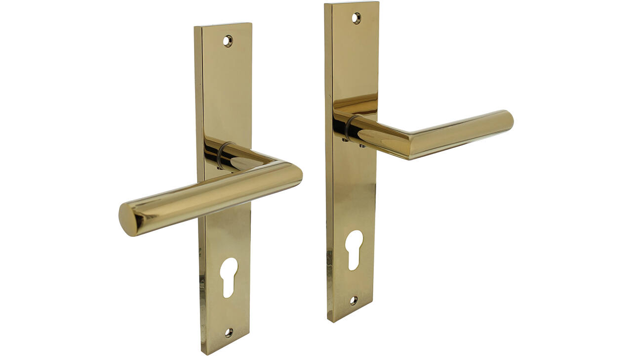 Deurkruk Bastian op schild rechthoekig 245x45mm profielcilindergat 78mm PVD messingkleur