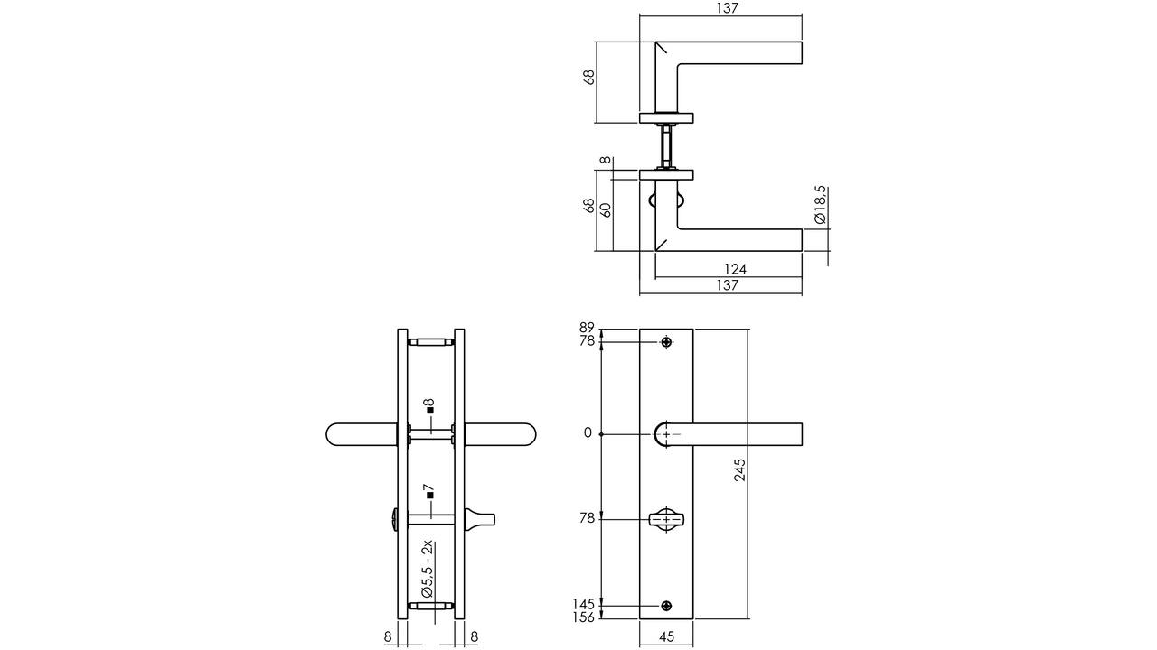 Deurkruk Bastian op schild rechthoekig 245x45mm wc 78/7mm PVD messingkleur