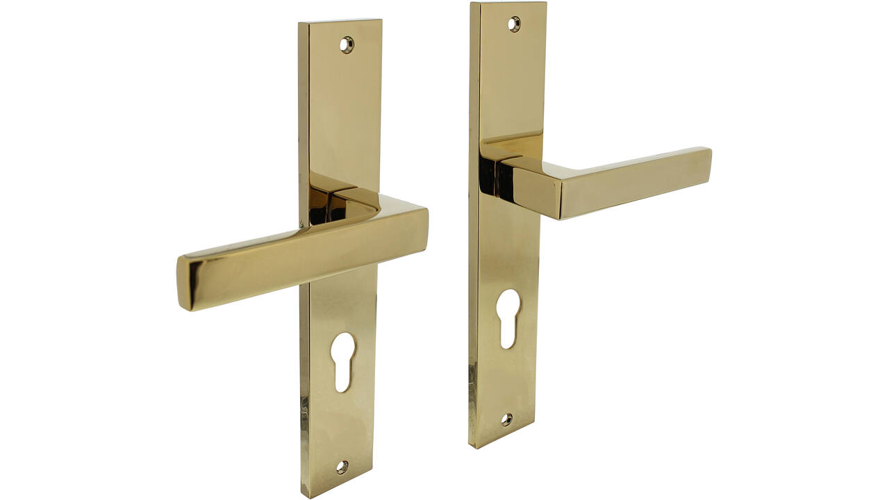 Deurkruk Hera op schild rechthoekig 245x45mm profielcilindergat 72mm PVD messingkleur