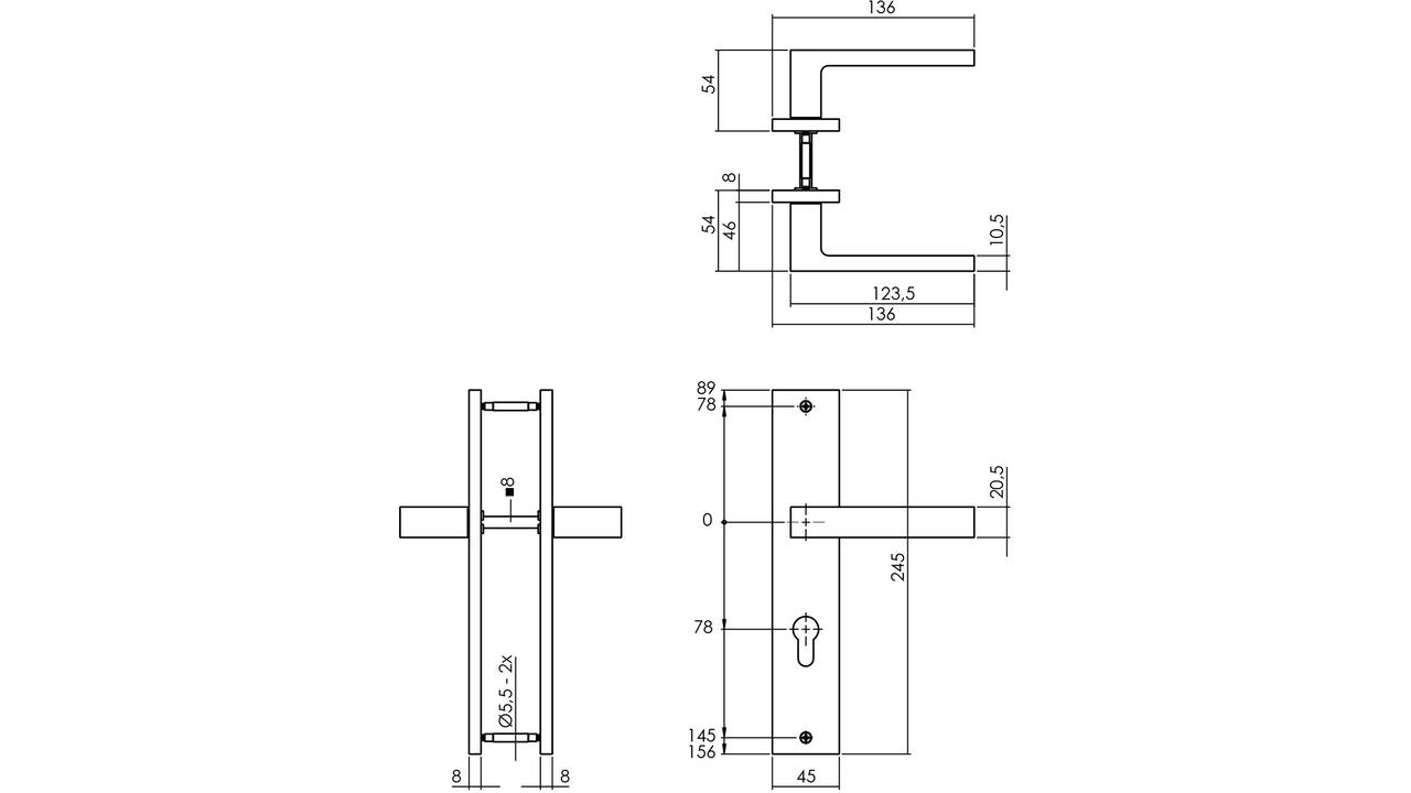 Deurkruk Hera op schild rechthoekig 245x45mm profielcilindergat 78mm PVD messingkleur