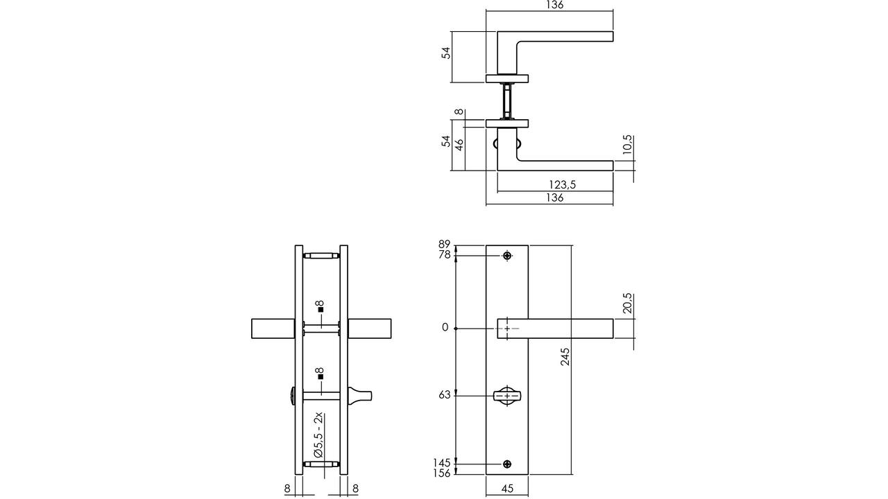 Deurkruk Hera op schild rechthoekig 245x45mm wc 63/8mm PVD messingkleur