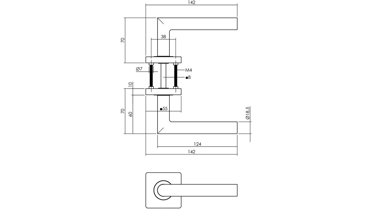 Deurkruk Bastian op rozet verdekt 55x55x10mm met nokken PVD messingkleur