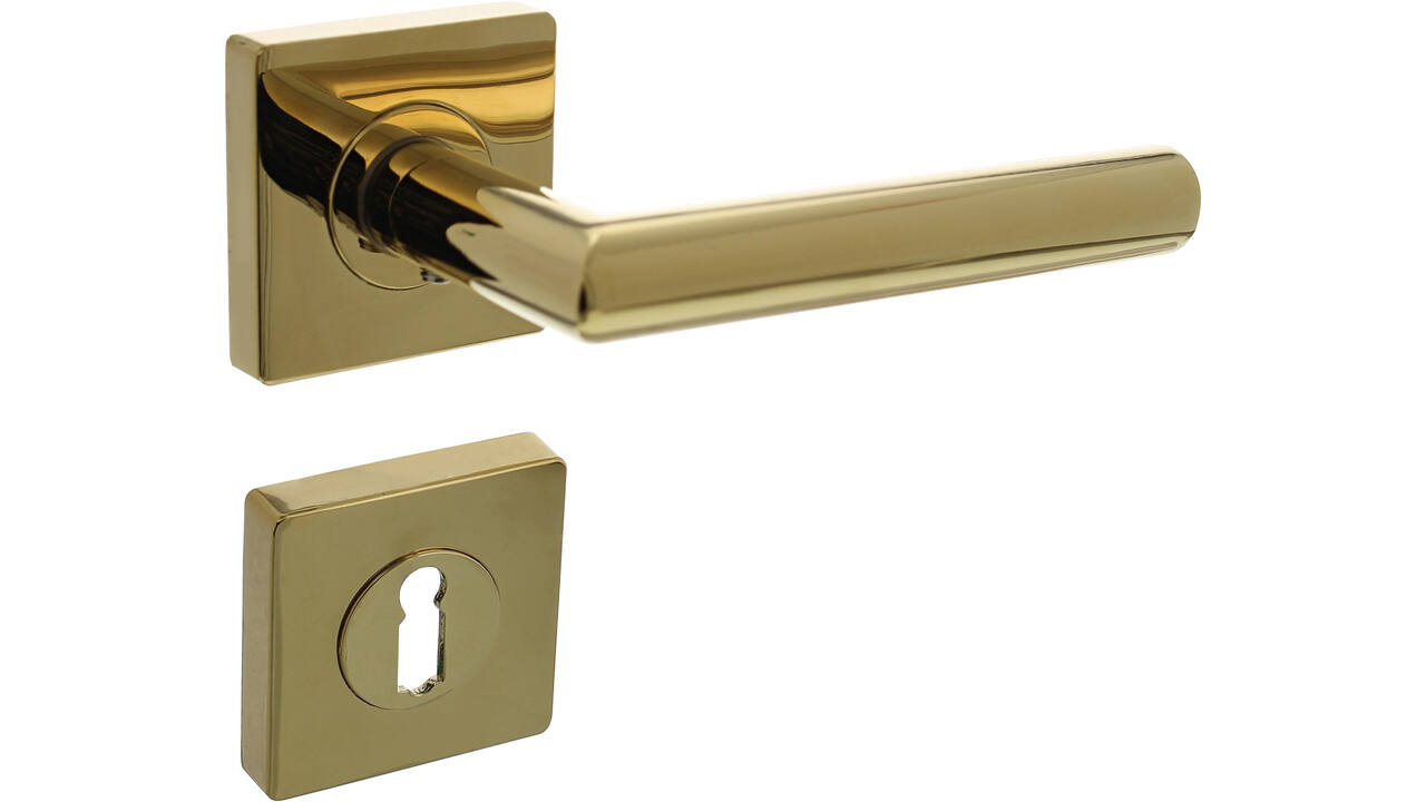 Deurkruk Bastian op rozet verdekt 55x55x10mm met nokken en sleutelrozetten PVD messingkleur