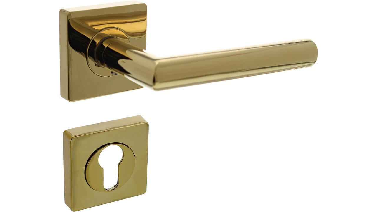 Deurkruk Bastian op rozet verdekt 55x55x10mm met nokken en cilinderrozetten PVD messingkleur