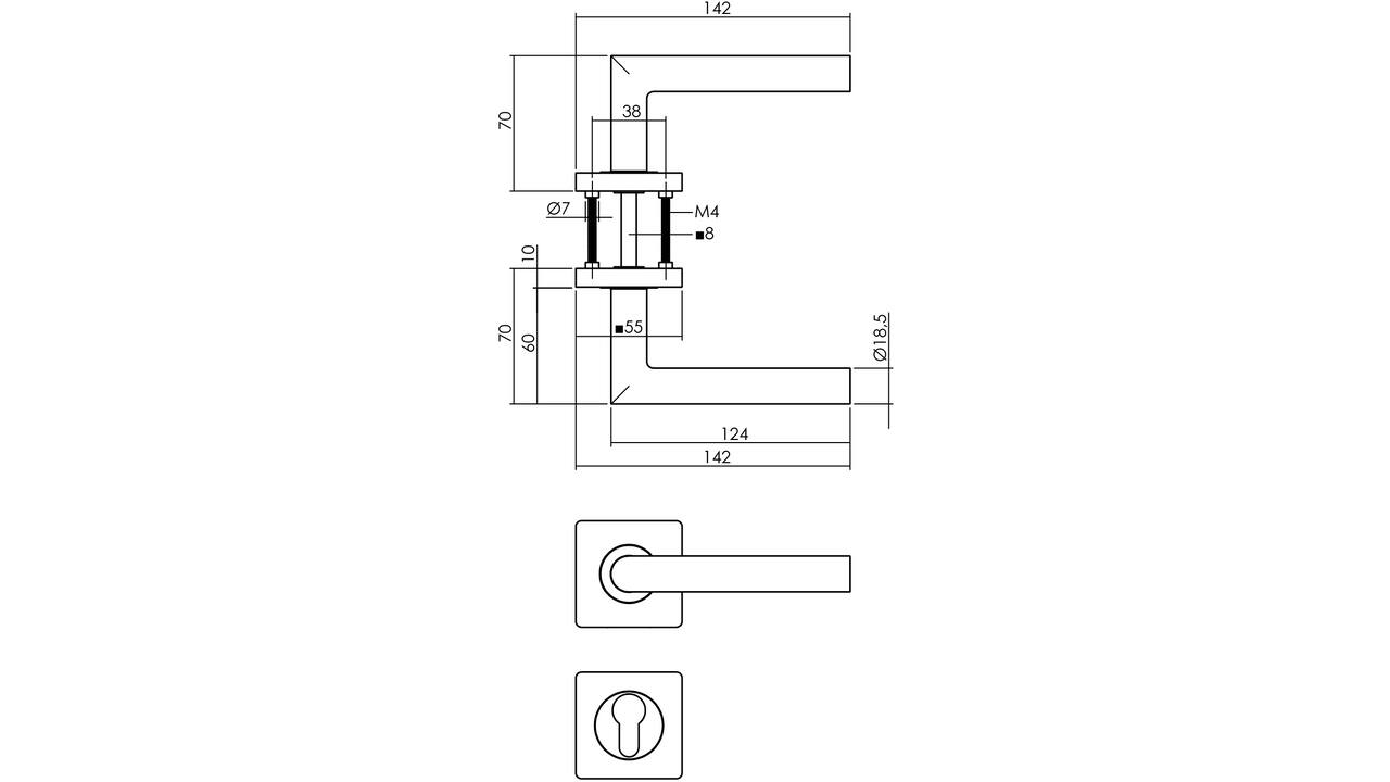 Deurkruk Bastian op rozet verdekt 55x55x10mm met nokken en cilinderrozetten PVD messingkleur